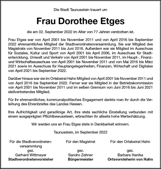 Traueranzeige von Dorothee Etges von vrm-trauer WK-UTA