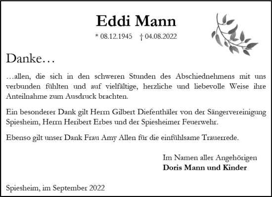 Traueranzeige von Eddi Mann von vrm-trauer Allgemeine Zeitung Alzey