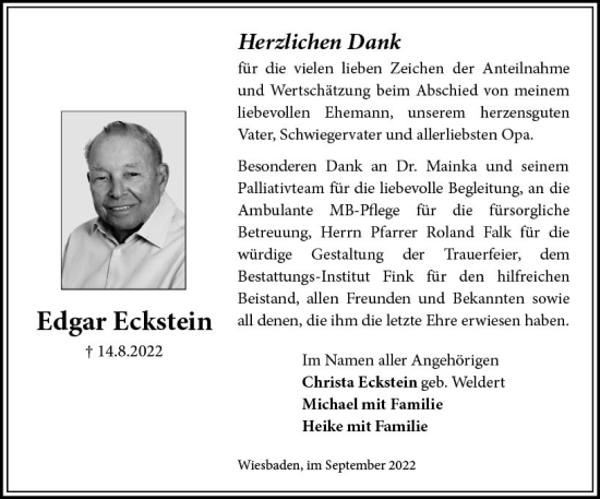 Traueranzeige von Edgar Eckstein von vrm-trauer Wiesbadener Kurier