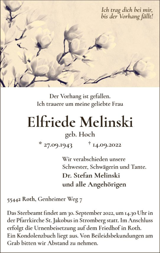 Traueranzeige von Elfriede Melinski von vrm-trauer Allg. Zeitung Bad Kreuznach