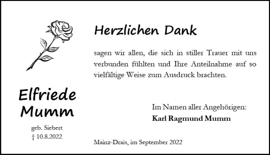 Traueranzeige von Elfriede Mumm von vrm-trauer AZ Mainz