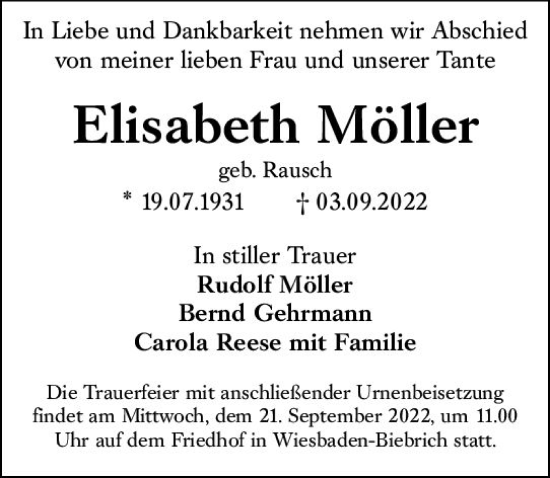 Traueranzeige von Elisabeth Möller von vrm-trauer Wiesbadener Kurier