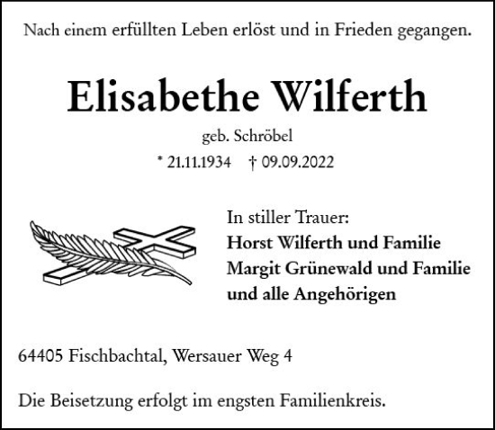 Traueranzeige von Elisabethe Wilferth von vrm-trauer Darmstädter Echo