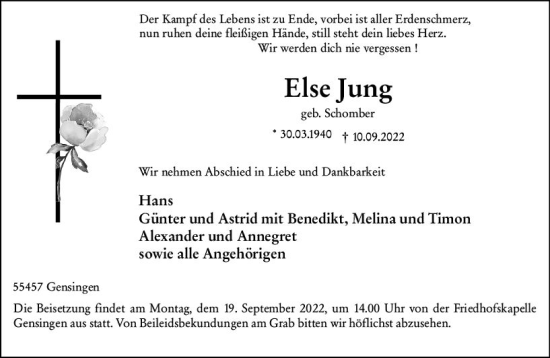 Traueranzeige von Else Jung von vrm-trauer Allgemeine  Zeitung Ingelheim-Bingen