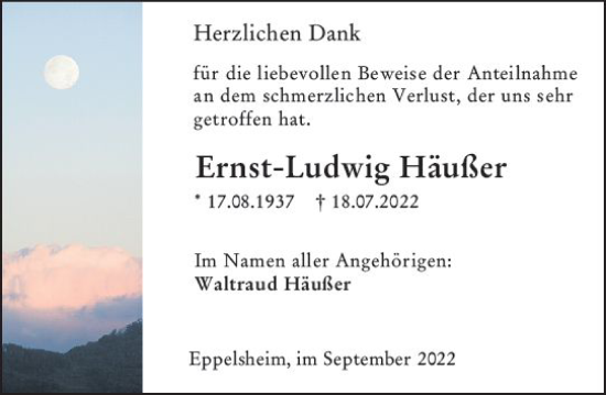 Traueranzeige von Ernst-Ludwig Häußer von vrm-trauer Allgemeine Zeitung Alzey