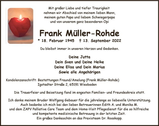 Traueranzeige von Frank Müller-Rohde von vrm-trauer Wiesbadener Kurier