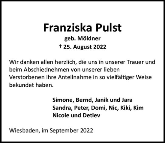 Traueranzeige von Franziska Pulst von vrm-trauer Wiesbadener Kurier