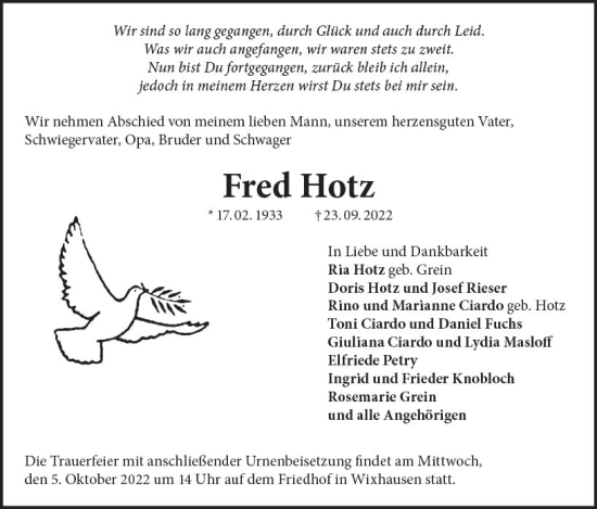 Traueranzeige von Fred Hotz von vrm-trauer Darmstädter Echo