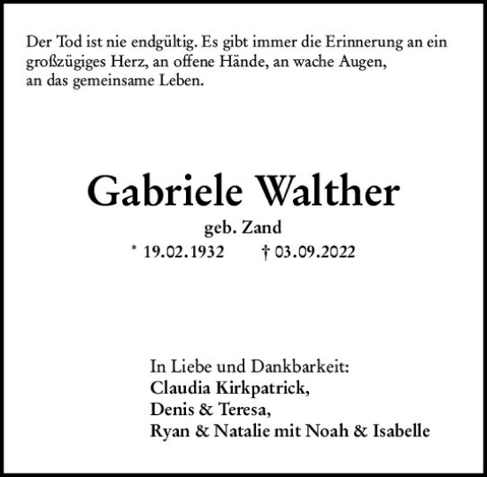 Traueranzeige von Gabriele Walther von vrm-trauer Darmstädter Echo