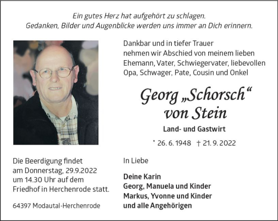 Traueranzeige von Georg von Stein von vrm-trauer Darmstädter Echo