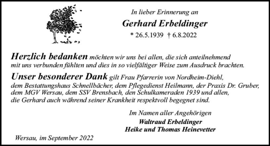 Traueranzeige von Gerhard Erbeldinger von vrm-trauer Odenwälder Echo