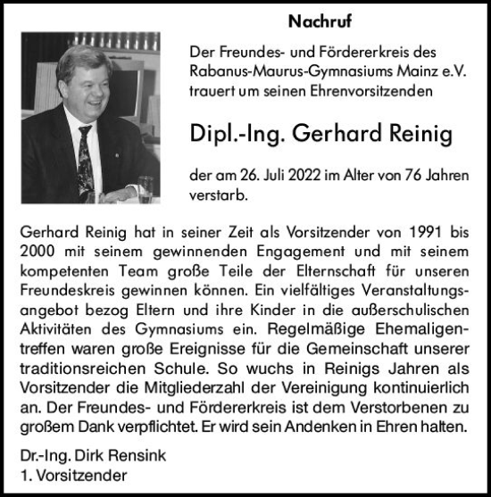Traueranzeige von Gerhard Reinig von vrm-trauer AZ Mainz