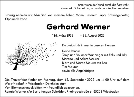 Traueranzeige von Gerhard Werner von vrm-trauer Wiesbadener Kurier