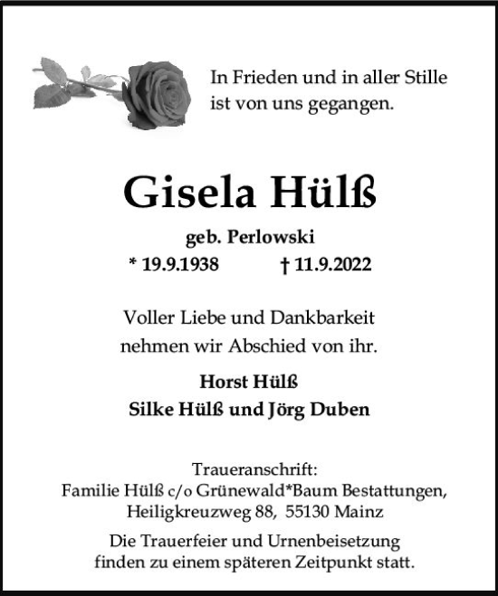 Traueranzeige von Gisela Hülß von vrm-trauer Rüsselsheimer Echo / MainSpitze