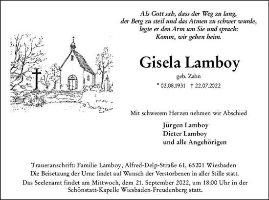 Traueranzeige von Gisela Lamboy von vrm-trauer Wiesbadener Kurier