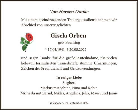 Traueranzeige von Gisela Orben von vrm-trauer Wiesbadener Kurier