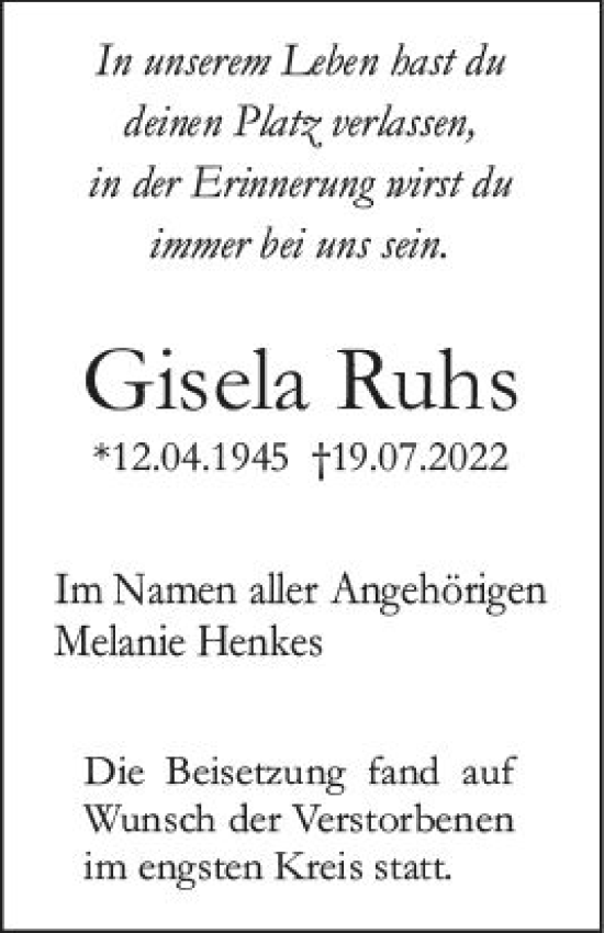 Traueranzeige von Gisela Ruhs von vrm-trauer Bürstädter/Lamperth. Ztg/Starkenburger
