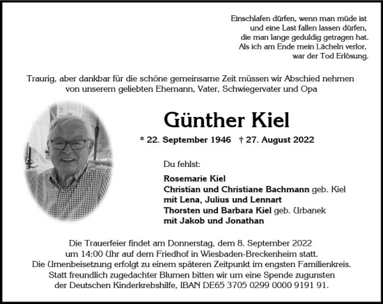 Traueranzeige von Günther Kiel von vrm-trauer Wiesbadener Kurier