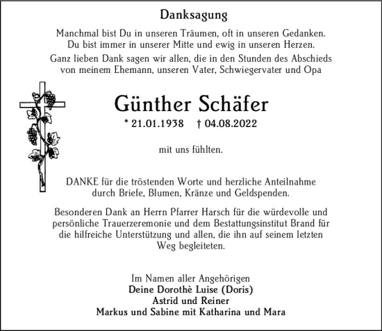 Traueranzeige von Günther Schäfer von vrm-trauer Allgemeine Zeitung Alzey
