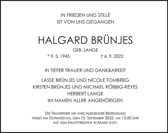 Traueranzeige von Halgard Brünjes von vrm-trauer AZ Mainz