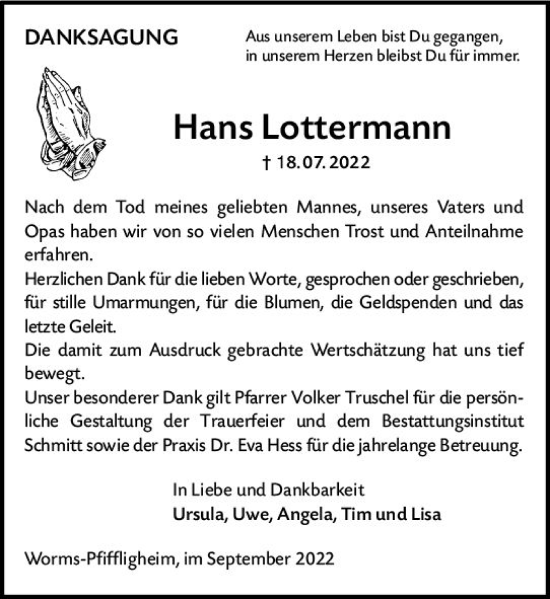 Traueranzeige von Hans Lottermann von vrm-trauer Wormser Zeitung