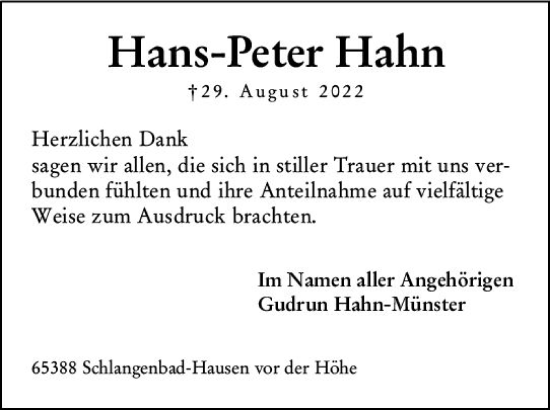 Traueranzeige von Hans-Peter Hahn von vrm-trauer Wiesbadener Kurier