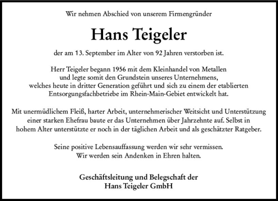 Traueranzeige von Hans Teigeler von vrm-trauer Wiesbadener Kurier