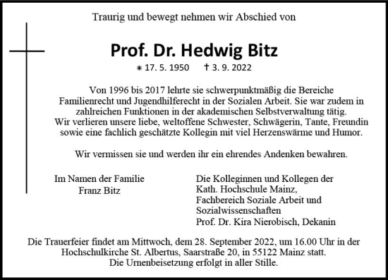 Traueranzeige von Hedwig Bitz von vrm-trauer AZ Mainz