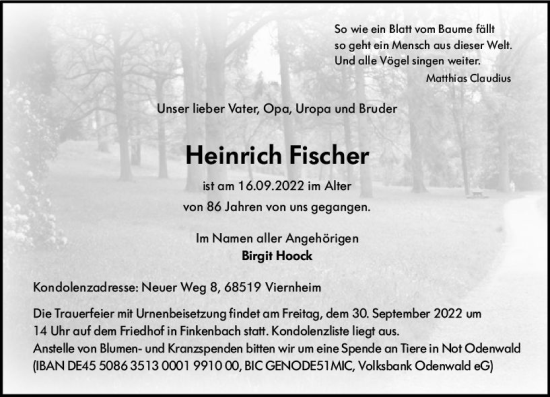 Traueranzeige von Heinrich Fischer von vrm-trauer Odenwälder Echo