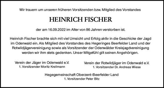 Traueranzeige von Heinrich Fischer von vrm-trauer Odenwälder Echo
