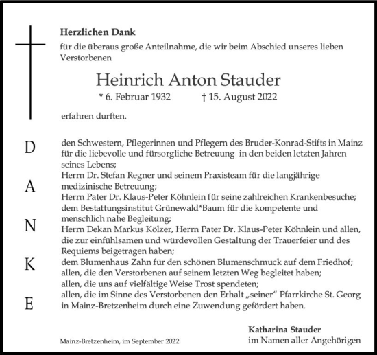Traueranzeige von Heinrich Anton Stauder von vrm-trauer AZ Mainz