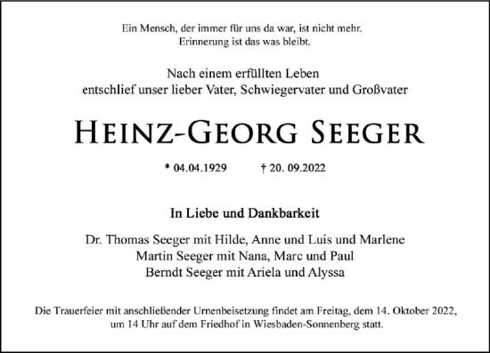 Traueranzeige von Heinz-Georg Seeger von vrm-trauer Wiesbadener Kurier