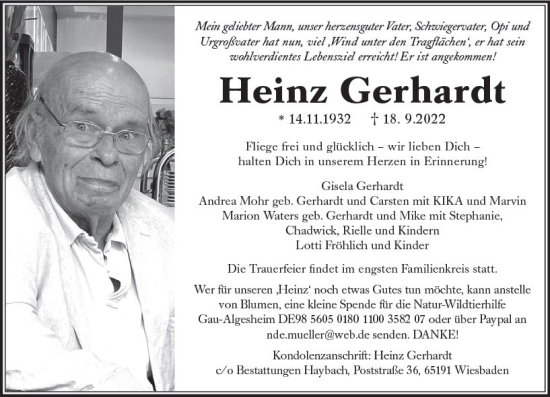Traueranzeige von Heinz Gerhardt von vrm-trauer Wiesbadener Kurier
