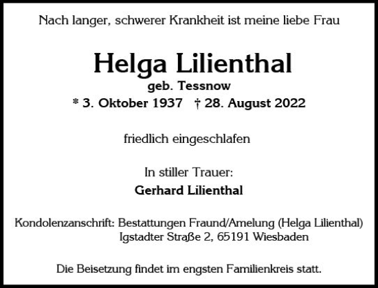 Traueranzeige von Helga Lilienthal von vrm-trauer Wiesbadener Kurier