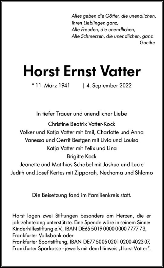 Traueranzeige von Horst Ernst Vatter von vrm-trauer Wiesbadener Kurier