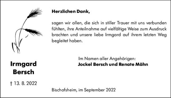 Traueranzeige von Irmgard Bersch von vrm-trauer Rüsselsheimer Echo / MainSpitze