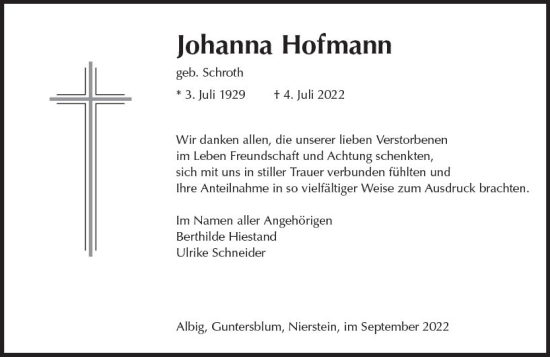 Traueranzeige von Johanna Hofmann von vrm-trauer Allgemeine Zeitung Alzey