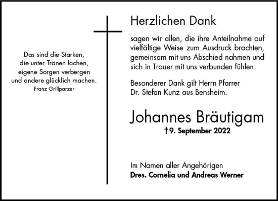 Traueranzeige von Johannes Bräutigam von vrm-trauer Bürstädter/Lamperth. Ztg/Starkenburger