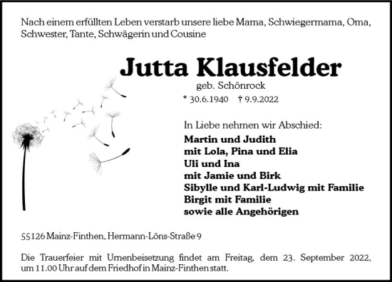 Traueranzeige von Jutta Klausfelder von vrm-trauer AZ Mainz
