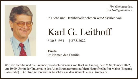 Traueranzeige von Karl G. Leithoff von vrm-trauer AZ Mainz