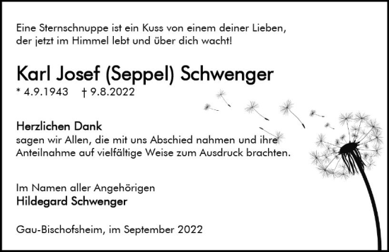 Traueranzeige von Karl Josef Schwanger von vrm-trauer AZ Mainz