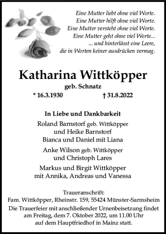 Traueranzeige von Katharina Wittköpper von vrm-trauer AZ Mainz