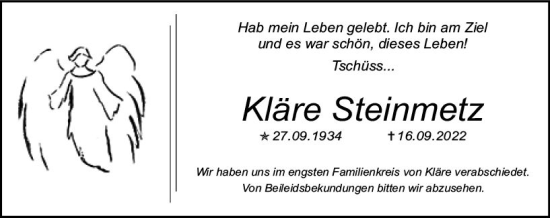 Traueranzeige von Kläre Steinmetz von vrm-trauer AZ Mainz