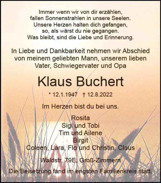 Traueranzeige von Klaus Buchert von vrm-trauer DieburgerAnzeiger/Groß-Zimmerner Lokala