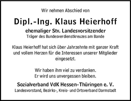 Traueranzeige von Klaus Heierhoff von vrm-trauer Darmstädter Echo