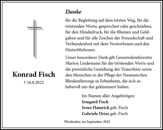Traueranzeige von Konrad Fisch von vrm-trauer Wiesbadener Kurier