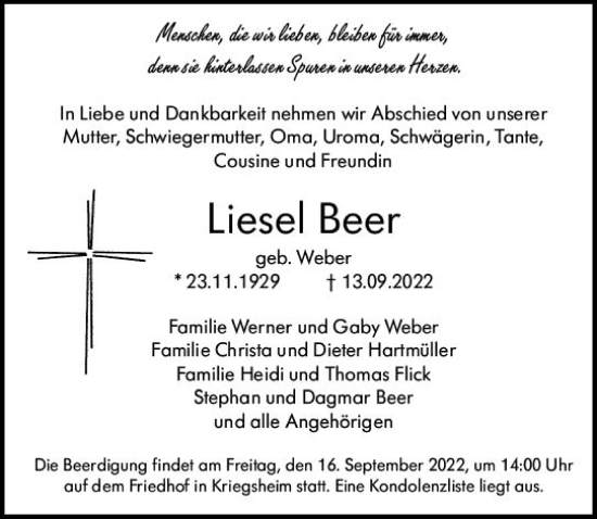 Traueranzeige von Liesel Beer von vrm-trauer Wormser Zeitung