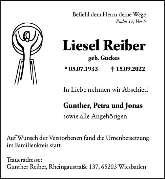 Traueranzeige von Liesel Reiber von vrm-trauer Idsteiner Zeitung
