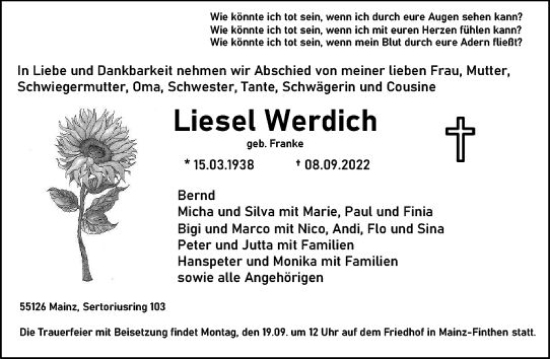 Traueranzeige von Liesel Werdich von vrm-trauer AZ Mainz