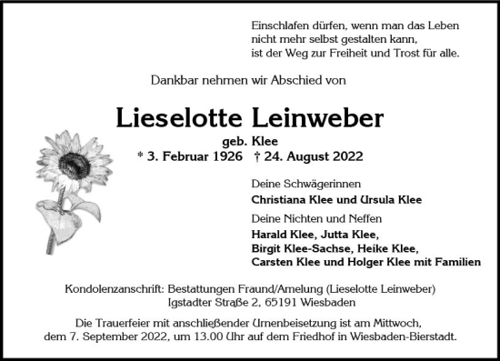 Traueranzeige von Lieselotte Leinweber von vrm-trauer Wiesbadener Kurier